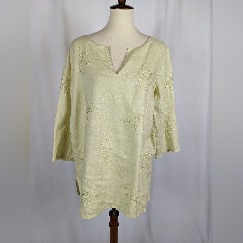 Jillian Jones 100% Linen Green Popover V-Neck Tunic Blouse 3/4 Sleeve Plus Sz 1X